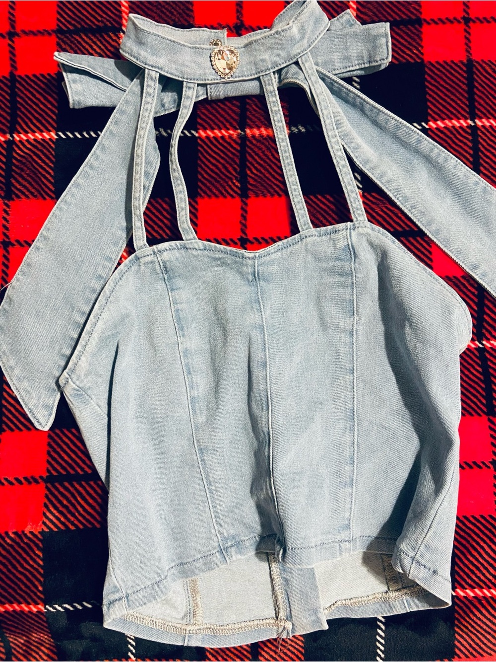 Light Wash Denim Halter Crop Top with Heart Charm